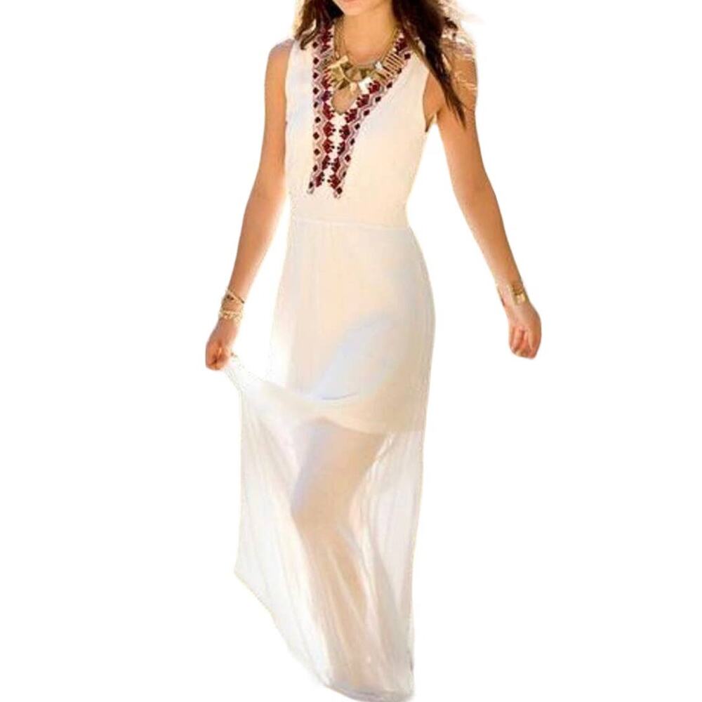 Alya Embroidered Maxi Boho Dress V Neck Sleeveless Ivory Sz Small
